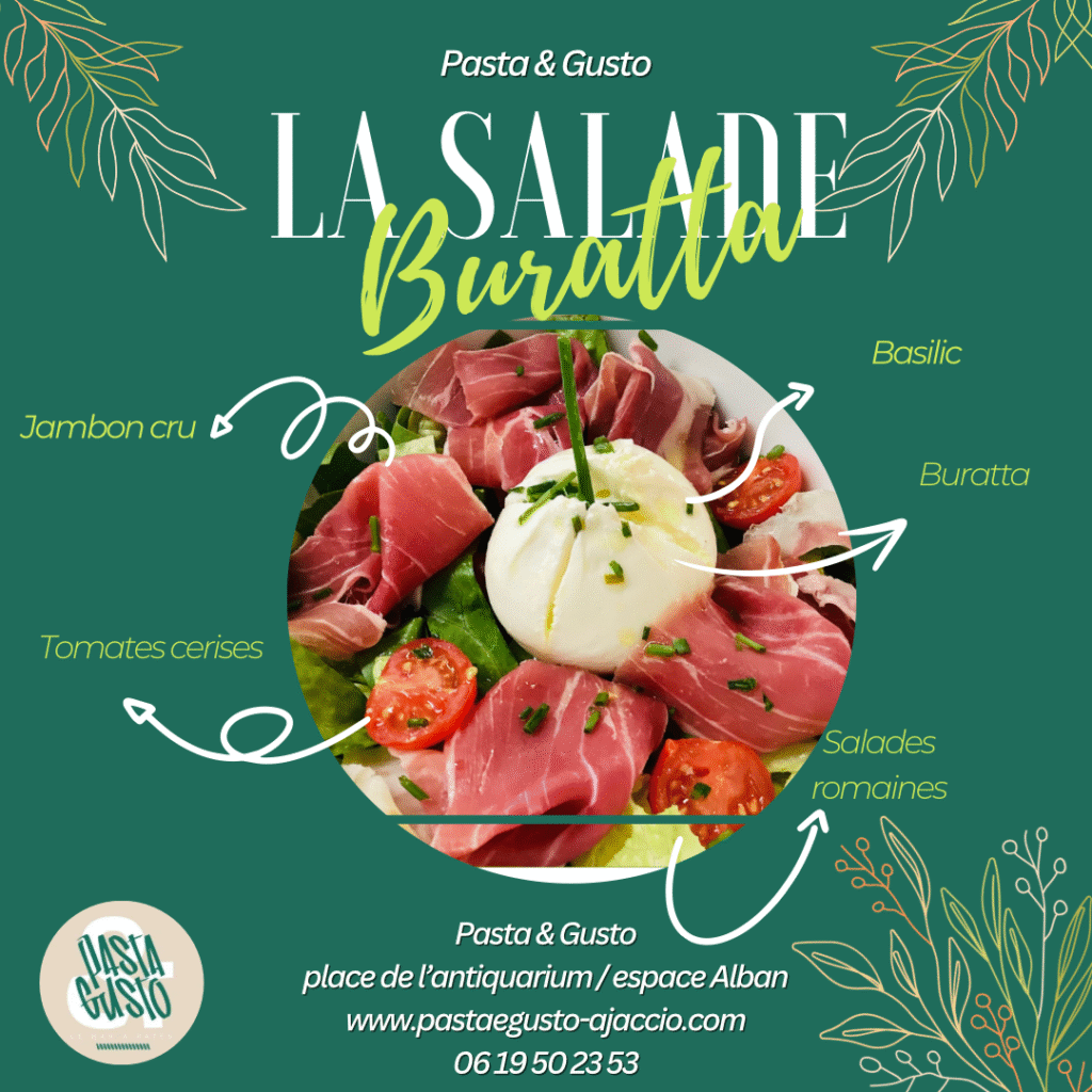 Salade Burrata avec jambon cru, tomates cerises, salades romaines, basilic et burrata servie au restaurant italien Pasta & Gusto Ajaccio.
