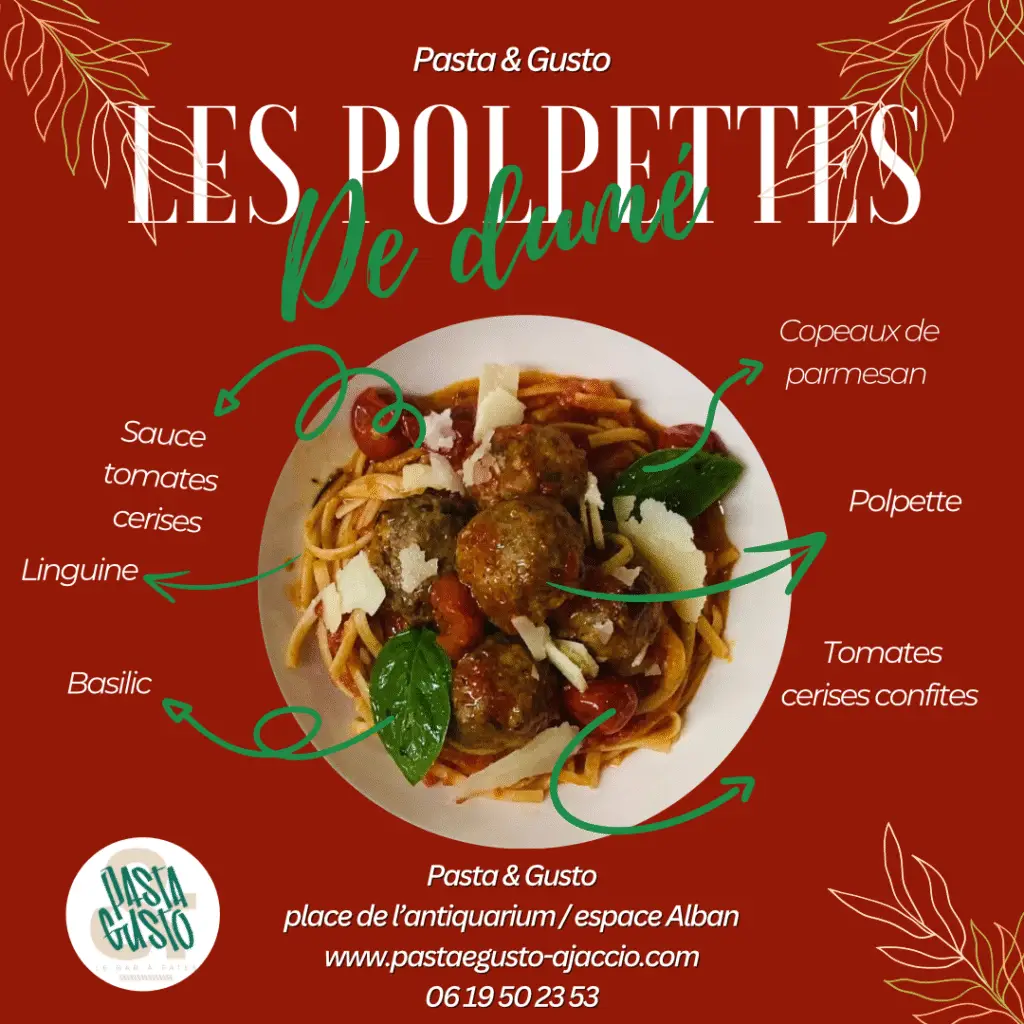 Assiette de linguine aux polpettes avec sauce tomates cerises, tomates confites, basilic et copeaux de parmesan du restaurant italien Pasta & Gusto à Ajaccio, spécialiste des pâtes fraîches et des plats italiens à emporter.