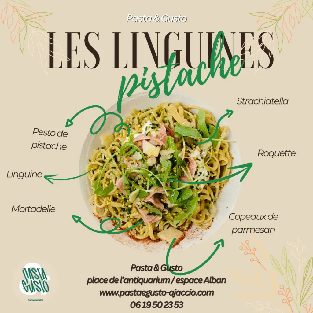 Assiette de linguines au pesto de pistache avec mortadelle, stracciatella, roquette et copeaux de parmesan du restaurant italien Pasta & Gusto à Ajaccio, spécialiste des pâtes fraîches et des plats italiens à emporter.