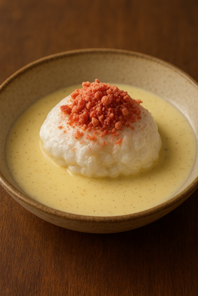 Île flottante sur crème anglaise à la vanille Bourbon, garnie de praline rose, présentée dans le style raffiné du restaurant italien à Ajaccio Pasta & Gusto