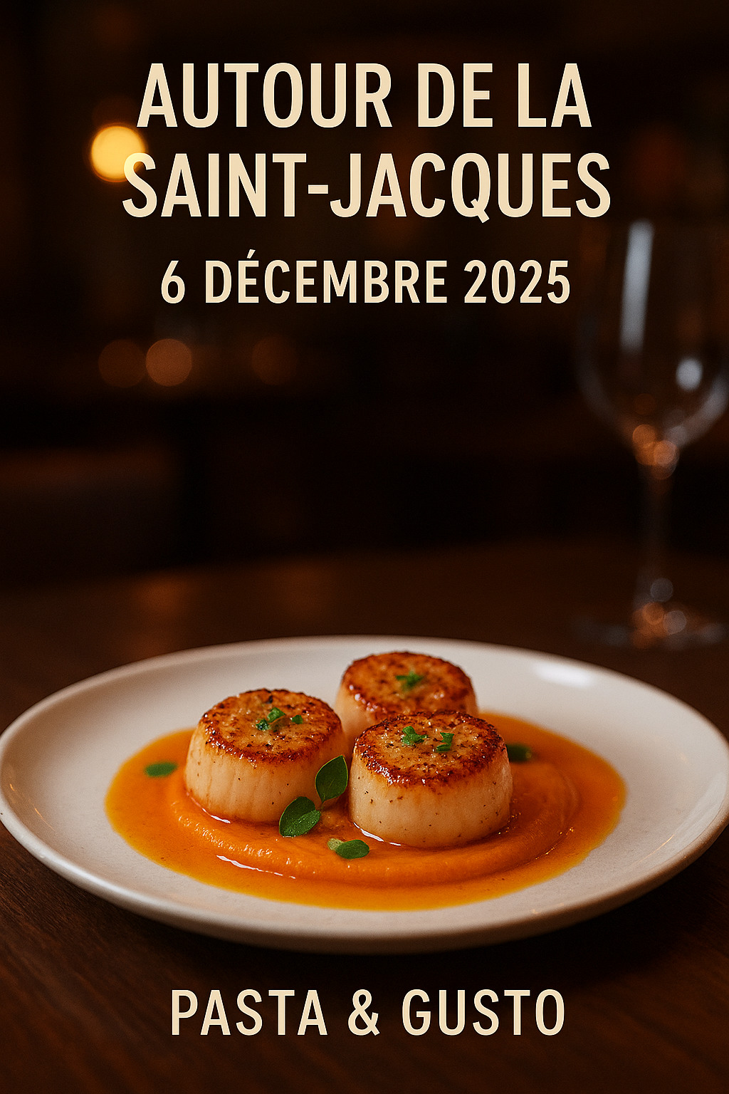 Noix de Saint-Jacques snackées servies avec une purée de potimarron dans une ambiance chic au restaurant italien à Ajaccio Pasta & Gusto.