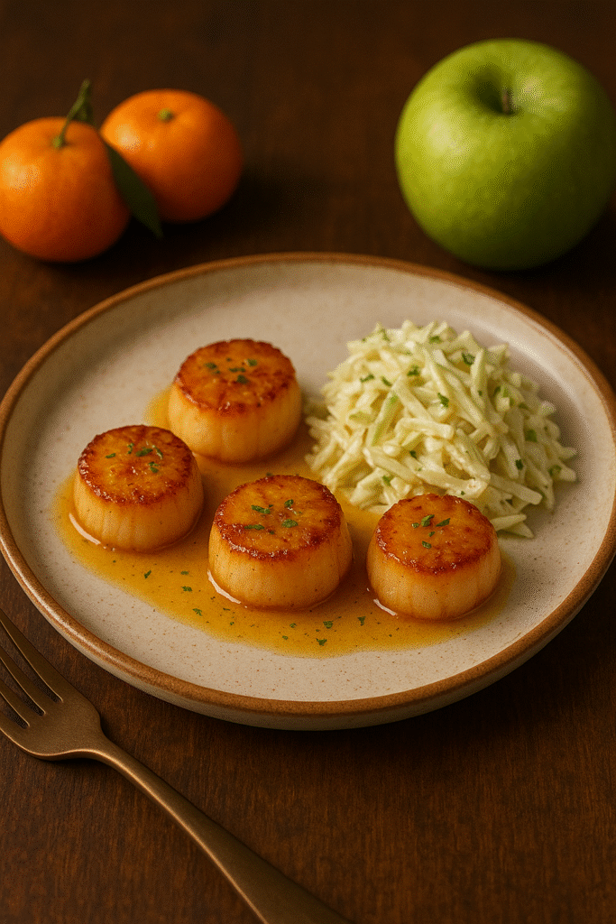 Assiette de quatre noix de Saint-Jacques marinées à la clémentine, servies avec une rémoulade de céleri et des pommes Granny Smith dans un style chaleureux, dans un restaurant italien à Ajaccio.