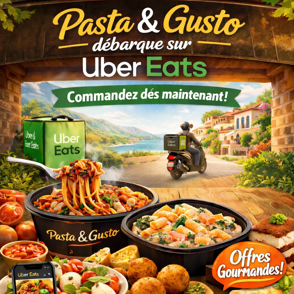 Image promotionnelle de Pasta & Gusto, meilleur restaurant italien à Ajaccio, annonçant sa disponibilité sur Uber Eats avec des plats de pâtes italiennes dans un décor méditerranéen.