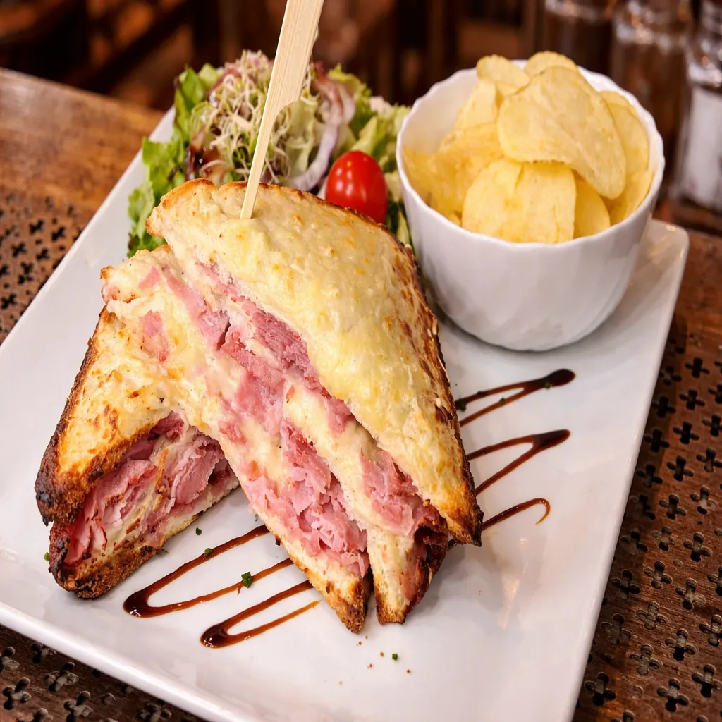 Croque monsieur gratiné au fromage avec jambon fondant, servi avec chips et salade au meilleur restaurant italien à Ajaccio Pasta & Gusto Ajaccio